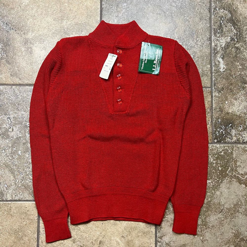 Vintage LL Bean Cotton Shawl Collar Red Pullover Sweater Womens Small Button Up